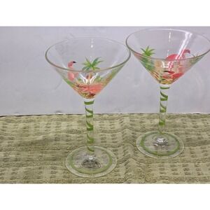 Home Essentials Flamingo Martini Glasses Set 2 Tropical Palm‎ Tree Hand Painted